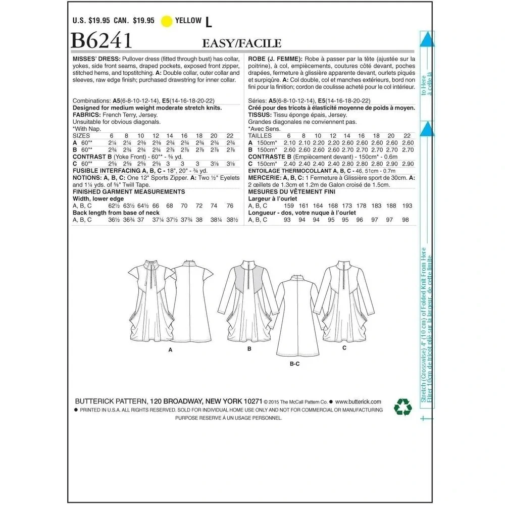 Butterick Sewing Pattern 6241‎ Misses Dress Size 6-14